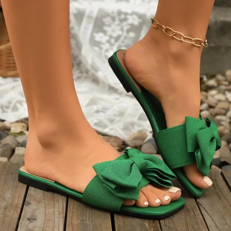 2025 Summer Women’s Casual Slippers Bow Tie Outdoor Square Toe Classics Flat with Hot Sale Sandals for Plus Size Daily Slippers