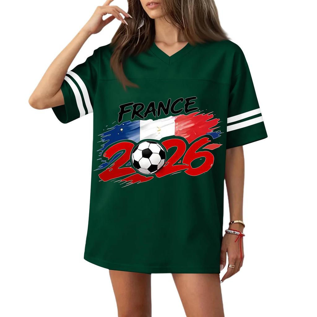 Women V Neck Casual Short Sleeve Sports T Shirt 2026 France Flag Print Loose Fit Football Jersey Top for Everyday Wear