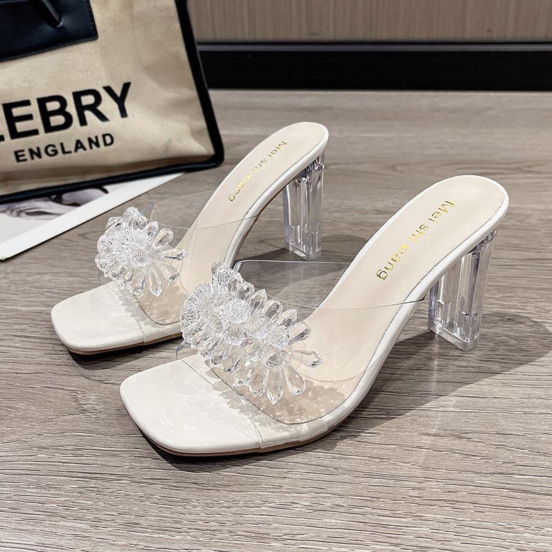 

Summer New Women s Slippers Luxury Rhinestone Transparent Quare Toe Sandals Elegant Banquet Party Dress Ladies High Heels 34 белый