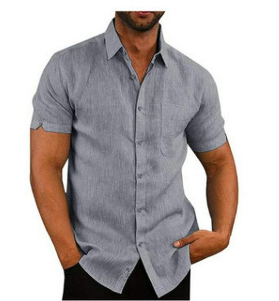 2024 Men's Summer Linen Short Sleeve Button-Up Shirt – Solid Color
