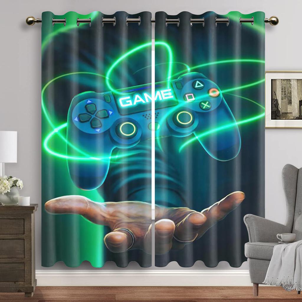 Gamepad Printed Thin Curtains for Boys Bedroom Gaming Room Decor Window Curtains Playing Video Game Window Drapes Shading 2panel