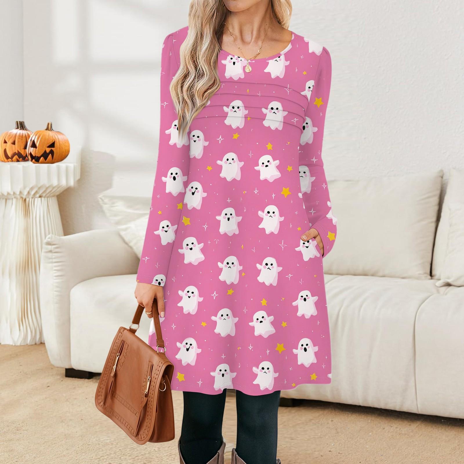 

Женские повседневные модные платья с длинным рукавом, винтажные, с принтом графики на Хэллоуин и карманами XXL розовый