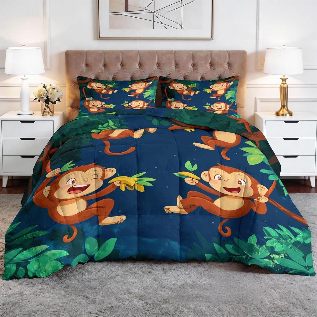 Kids Bedding Set,Cartoon Animal Monkey Single Duvet Cover Set Soft Easy Care Polycotton Quilt Duvet Cover with Pillowcases 75*50