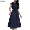 ZANZEA Women Casual Turn Down Collar Elegant Sleeveless Dress