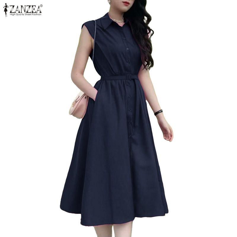 ZANZEA Women Casual Turn Down Collar Elegant Sleeveless Dress