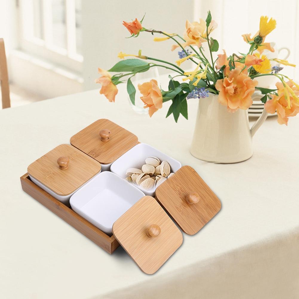 Ceramic Appetizer Serving Plate with Bamboo Tray Cover for Fruits Nuts Desserts (4-Compartment)