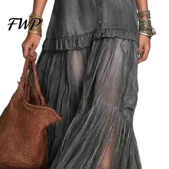 Flowy Mid-length Dress Women's Faux Denim Shirt Dress, Long Sleeve Mesh Patchwork V-neck Skirt Maxi Button Down Ruffle Sheer Loose Fit