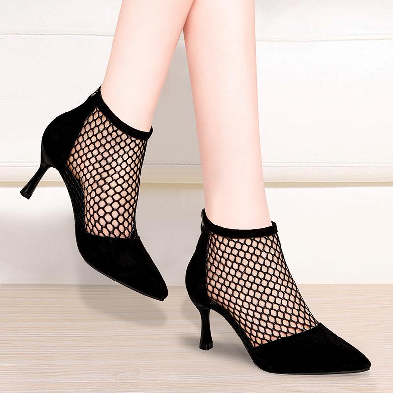 Модні літні чоботи з гострим носом Жіночі тонкі 2024 Весна та осінь Нові дихаючі чоботи з сіткою Босоніжки на високих підборах 6 см Ботильйони на шпильці