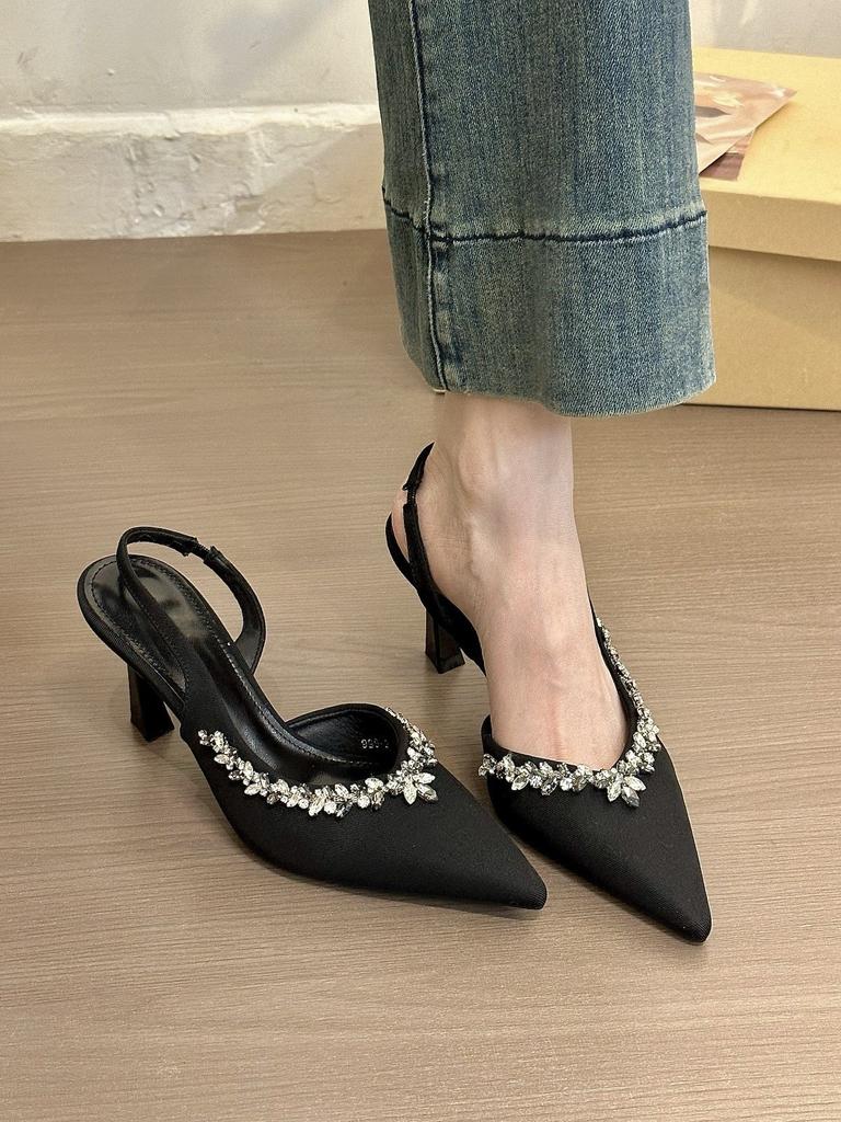 Violet Beauty! Temperament Pointed Rhinestone Bag Head Rear Empty Sandals Women's Spring Side Empty High-heeled Single Shoes