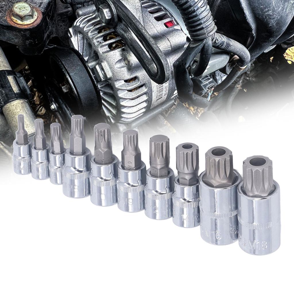 10 Pcs Triple Square Spline Bit Socket M4 To M18 1/4in 3/8in 1/2in Drive CR V Bit Socket Set with Storage Box