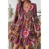 Women Bohemian Print V Neck Long Sleeve Mini Dress Casual Flowy Ruffle Hem Dress