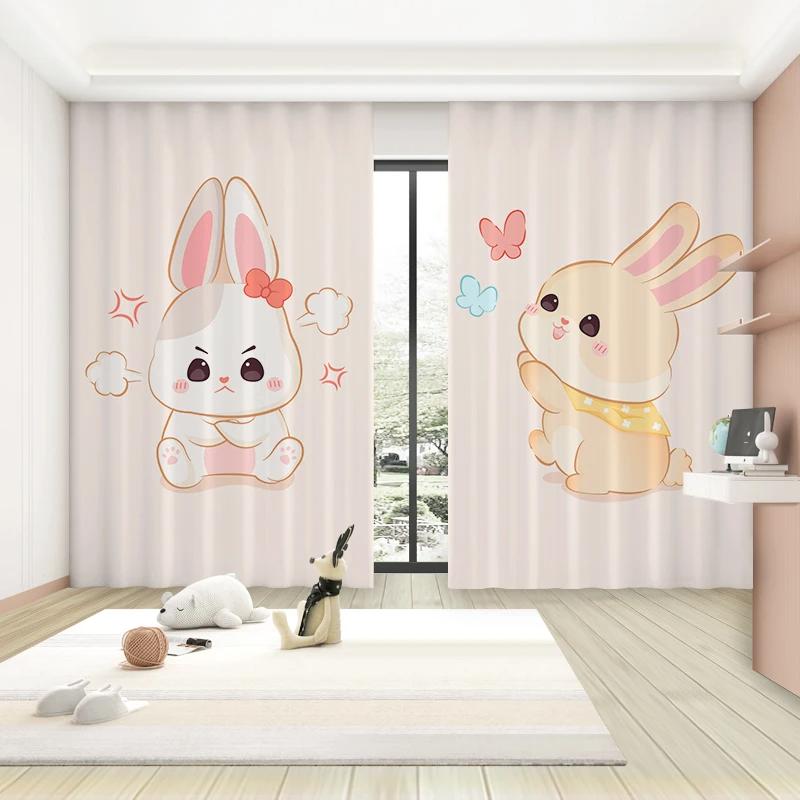 Trendy Cartoon Cute Style High Blackout Curtains Pink Bunny Girl Princess Bedroom Living Room Window Shading Curtain 2 Pieces