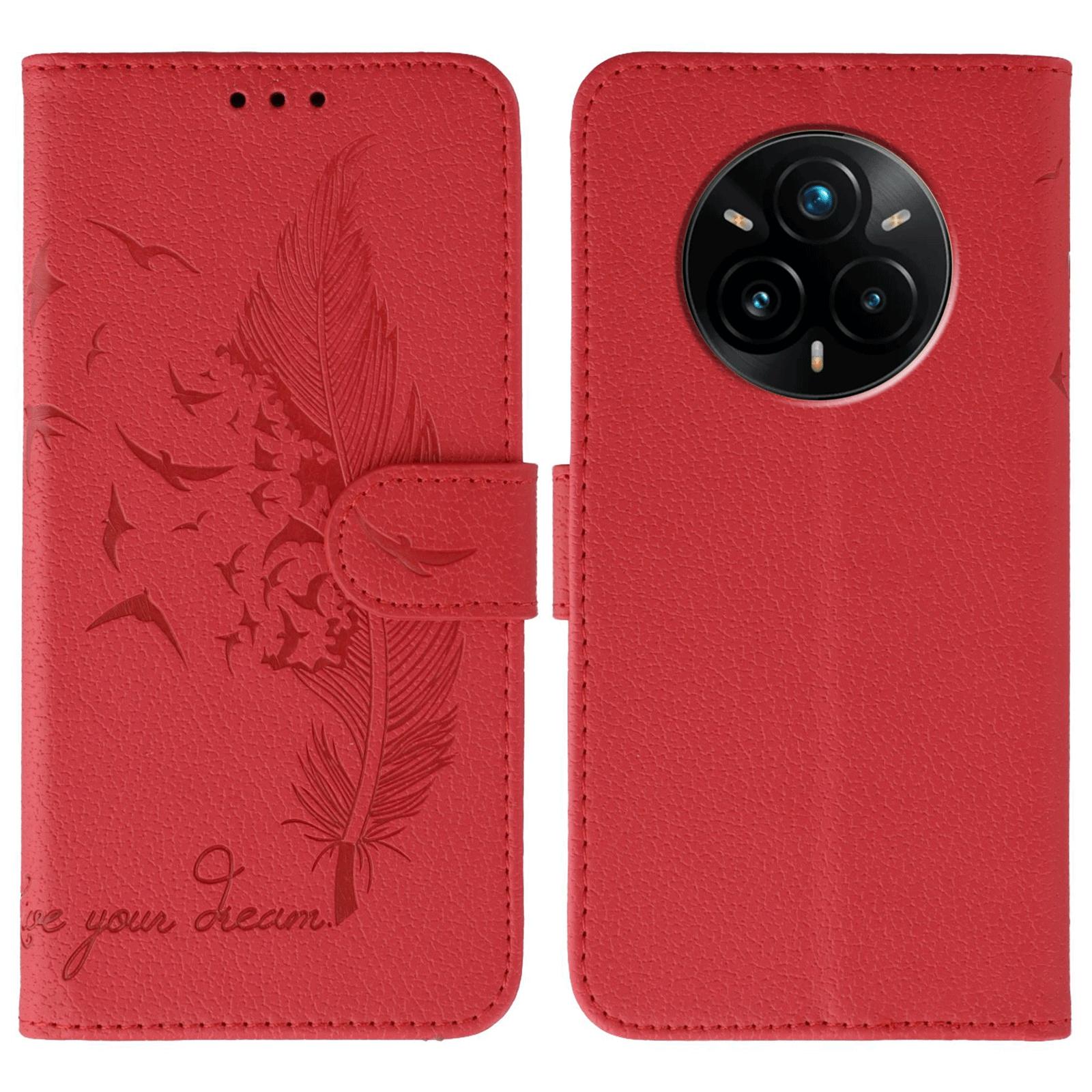 

For Realme 14 Pro+ 5G Case Feather Imprint PU Leather Wallet Phone Cover Red