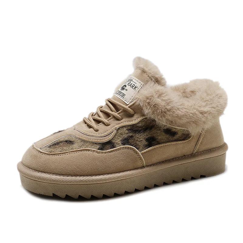 Snow Boots Women's Fall/winter Round Head Leopard Print Lace-up Low-tube Beige Plus Velvet Winter Boots Cotton Shoes Zapatos Muj