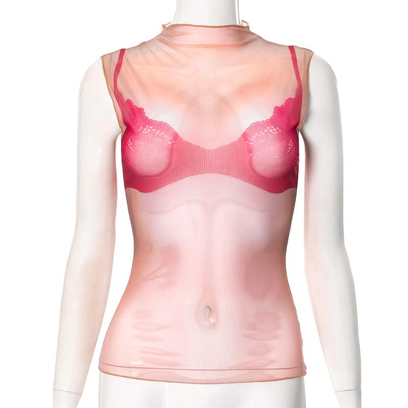 

Женская облегающая сетчатая футболка с принтом и полувысоким воротником Large