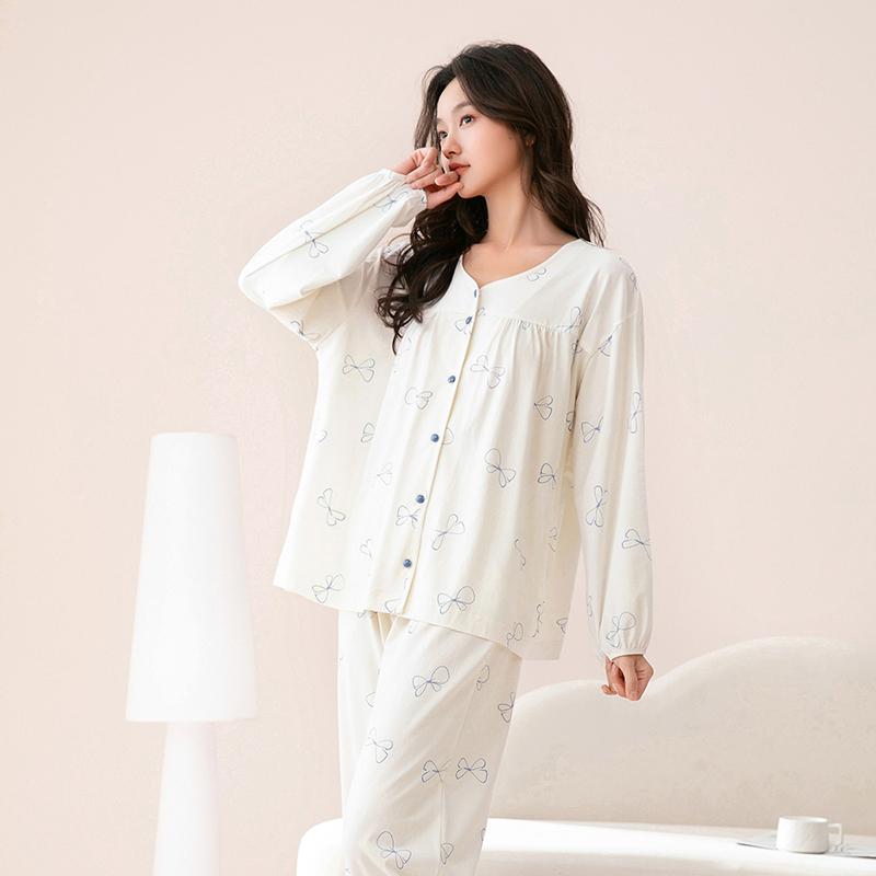 Fenteng [100% cotton] soft V-neck cardigan butterfly casual long sleeved home suit set women's pajamas