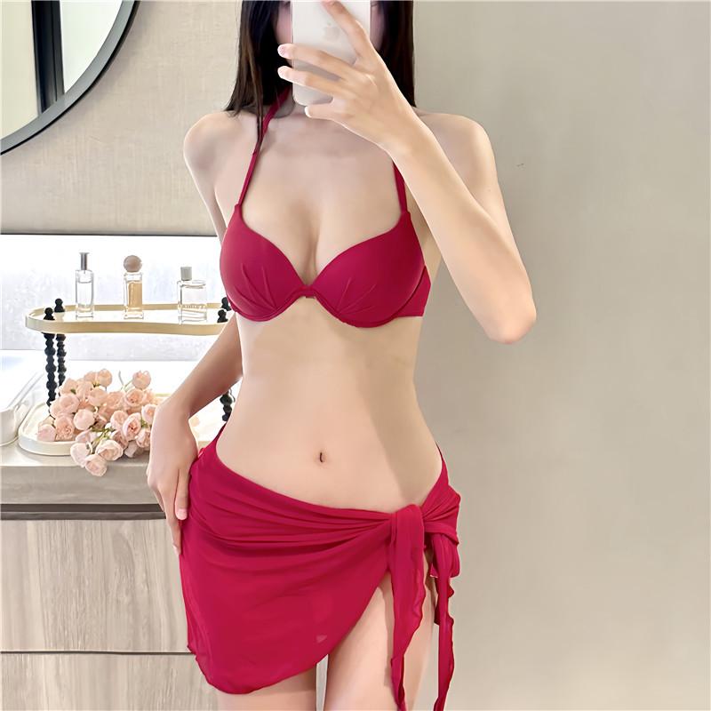 Różowy Czerwony Bikini Kostium Kąpielowy ze Stelażem - Seksowny Trójpunktowy Design dla Kobiet