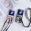 For Samsung Galaxy Z Flip7 FE 5G/Z Flip6 5G Flower and Grids Pattern PU Leather Coated PC Phone Cover with Crossbody Strap