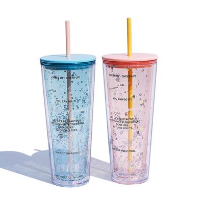 720ML Bling Becher Doppelwandiger Plastikbecher mit Deckel und Strohhalm Wasserflasche mit großem Fassungsvermögen für Frauen Reise Wiederverwendbar Isoliert M