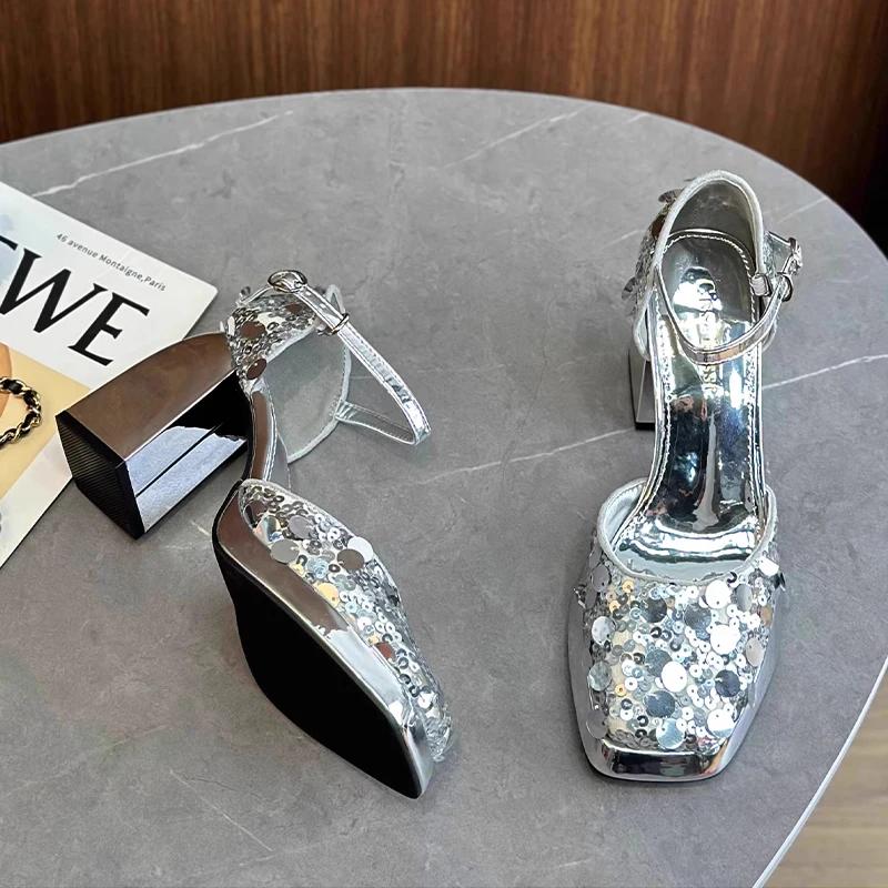 Bling Women's High Heels Sandals Luxury Mary Jane Summer Square Toe Shoes 2025 Designer Party Wedding Chunky Zapatos Mujer