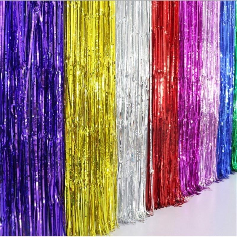 2M Flerfarger Metallisk Folie Tinsel Frynsegardindør Regnfestival Bryllupsdekorasjon Bursdagsfest Bakgrunn Fotorekvisitter