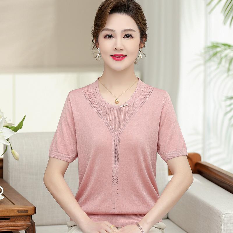 

Stylish Ice Silk Knit Half-Sleeve T-shirt for Middle-Aged and Elderly Women 4XL (for 135-150 lbs) розовый