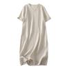 Real Shot Summer New Literary Loose Solid Color Cotton and Linen V-neck Short-sleeved Dress Women's Clothing Medium and Long