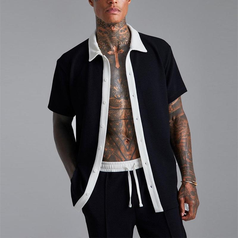 

Men s White Short Sleeve Shirt with Navy Trim & Matching Drawstring Shorts Set S чёрный