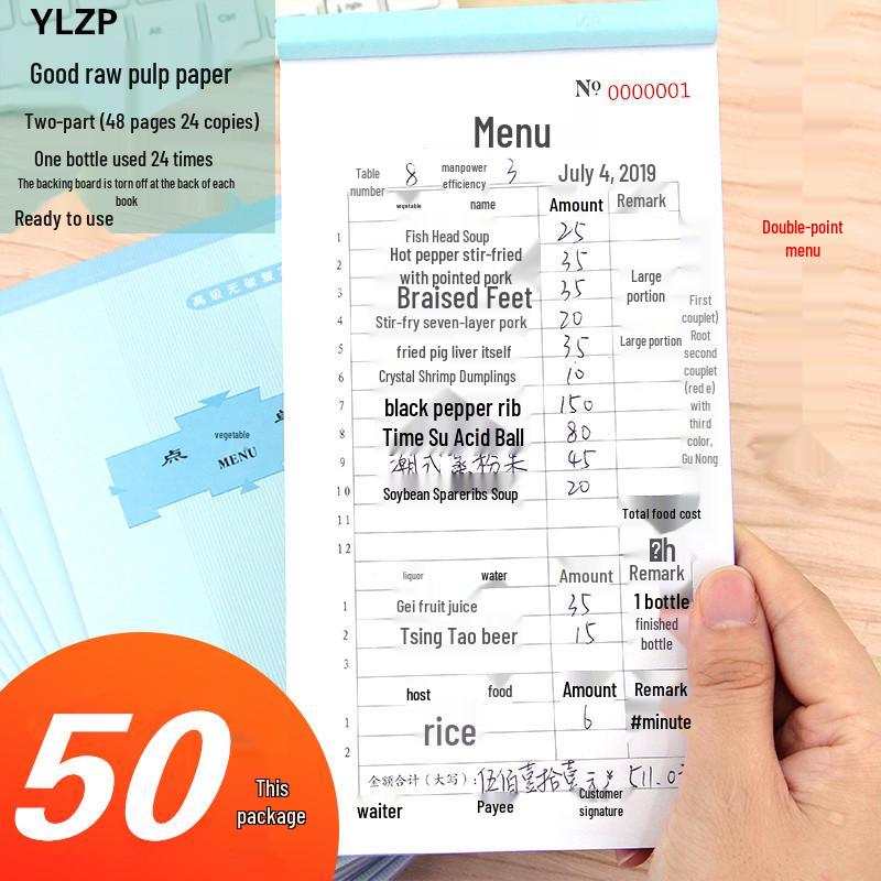 50-Pack Carbonless Copy Restaurant & Drinks Menus: Single to Four-Part Sheets with Free Shipping.