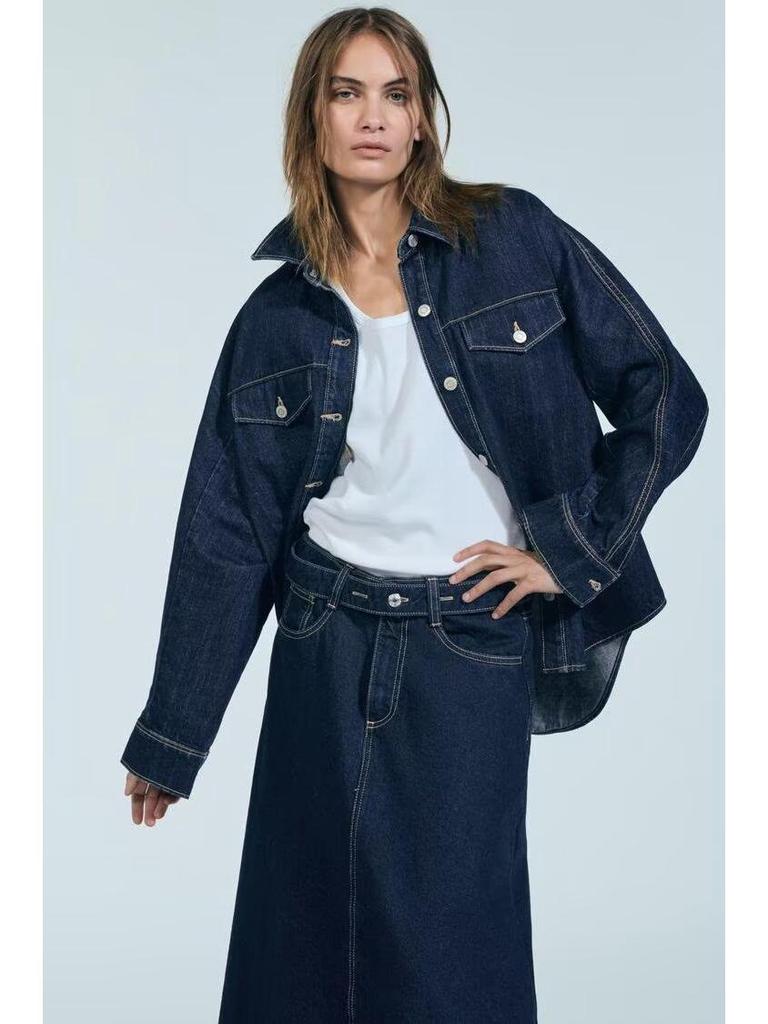 Autumn 2024 Women's Casual Denim Shirt Jacket with Lapel and Pocket Details