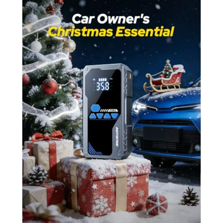 Portable Jump Starter with Air Compressor for All Gas and 12L Diesel Cars 150PSI Tire Inflator LED Flashlight LCD Display Stora