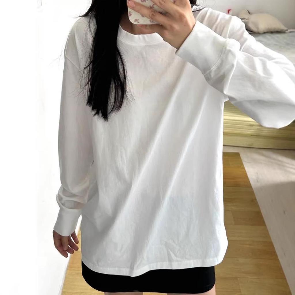 Women's White Pure Cotton Long-Sleeve T-shirt - Round Neck, Loose Fit, Ideal for Layering in Spring, Autumn, and Winter.