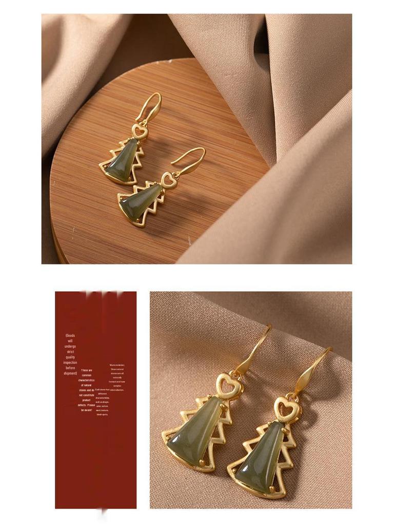 Yi Lu Yin S925 Gold-Plated Sterling Silver Christmas Tree Jade Earrings for Women