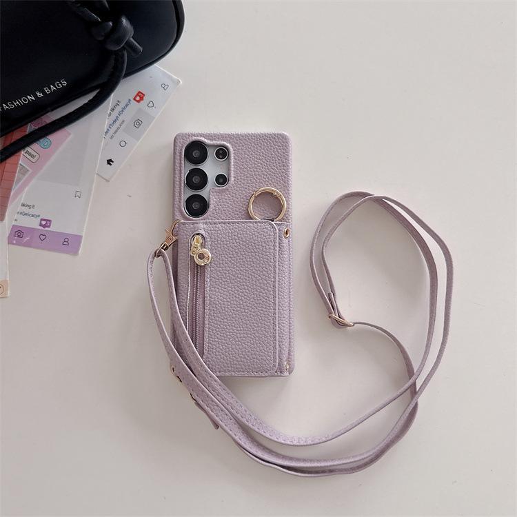 Applicable To Samsung S25Ultra Mobile Phone Case, Lychee Pattern Zipper Bag S25FE Messenger Card S24plus Protective Case