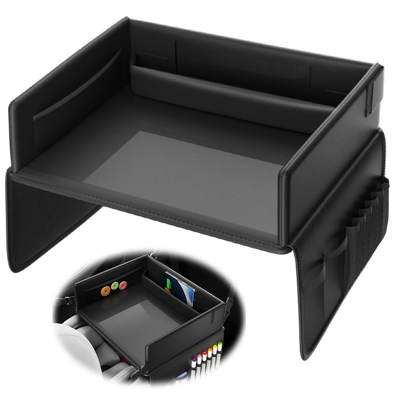 Kids Travel Tray PU Leather Activity Table | Carseat Lap Desk Organizer With Tablet Holder Stand, Snack Cup Child Laptop Bed