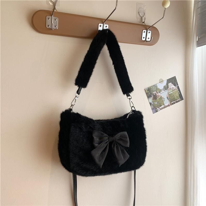 Handheld fluffy women's bag, new autumn and winter plush bag, cute bow small square bag, shoulder messenger bag.