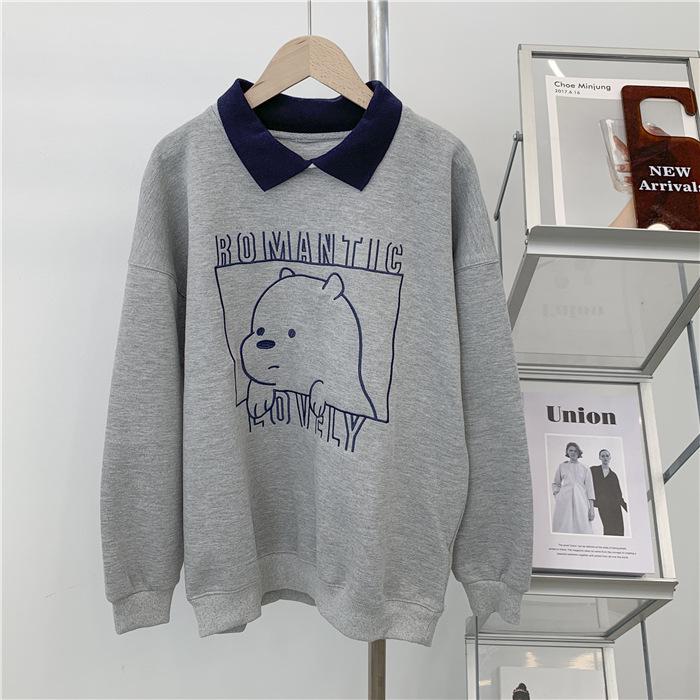 

Женский милый свитшот в корейском стиле с воротником поло и медведем - осенне-зимняя куртка свободного кроя L (for 55-65kg) серый