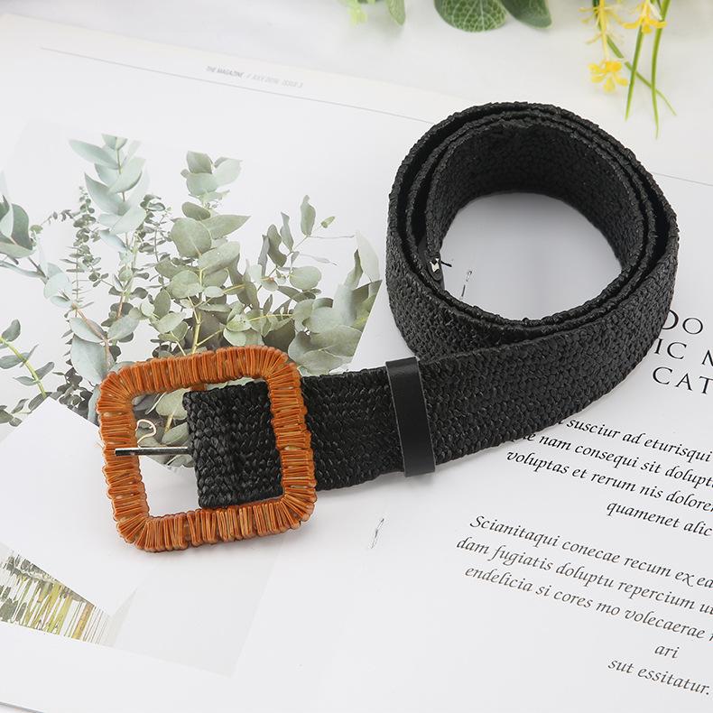 Pp Grass Woven Belt Women'S Retro Cotton And Linen Ethnic Style Dress Waist Seal Square Buckle Decorative Belt
