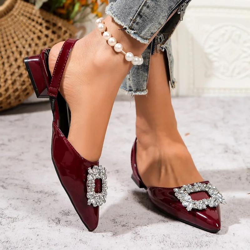 Women's Shoes Closed Toe Women's Sandals Elegant Dress Sandals Women Crystal Square Button Slip On Low Heel Shoes Female