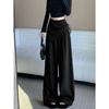 Grey High Waist Wide Leg Pants Women Autumn Split Design Slim Tied Waist Floor Length