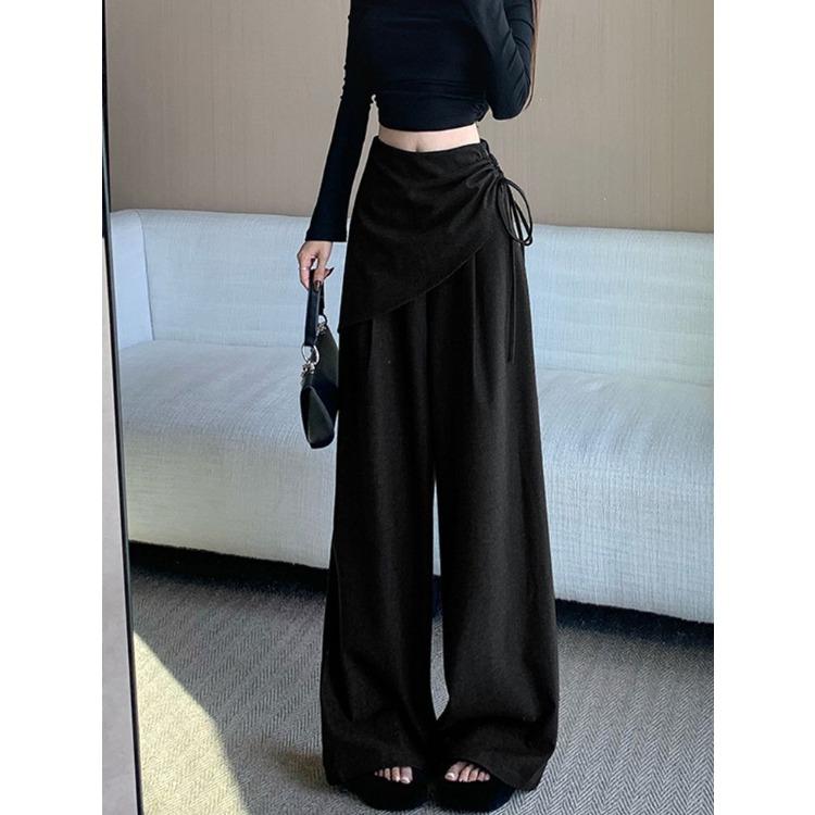 Grey High Waist Wide Leg Pants Women Autumn Split Design Slim Tied Waist Floor Length