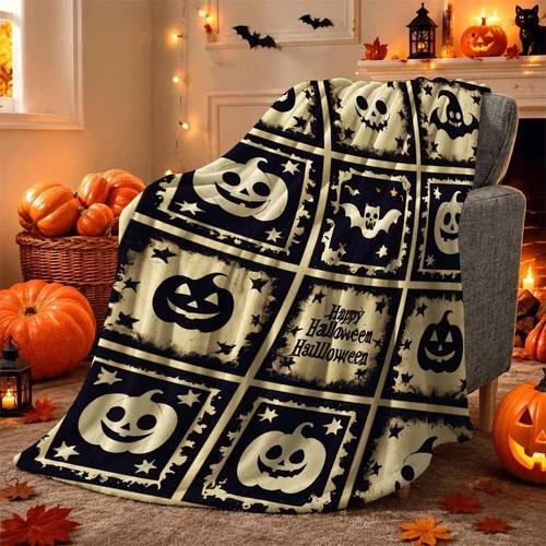 Halloween Flannel Throw Blanket Vintage Pumpkin Ghost Pattern Napping Home Decor