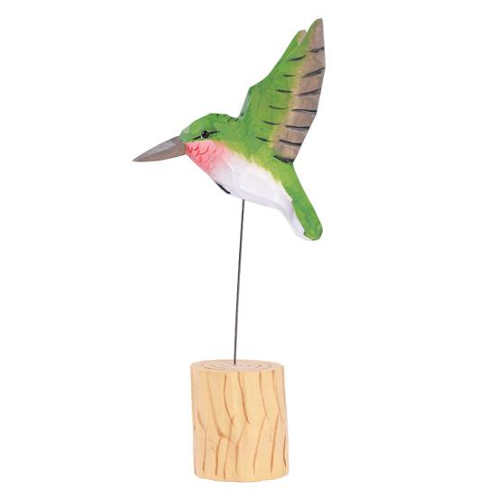 Wood Carving Hummingbird Ornament with Tree Stump/Bell Handcrafted Bird Figurine Statue Sculpture