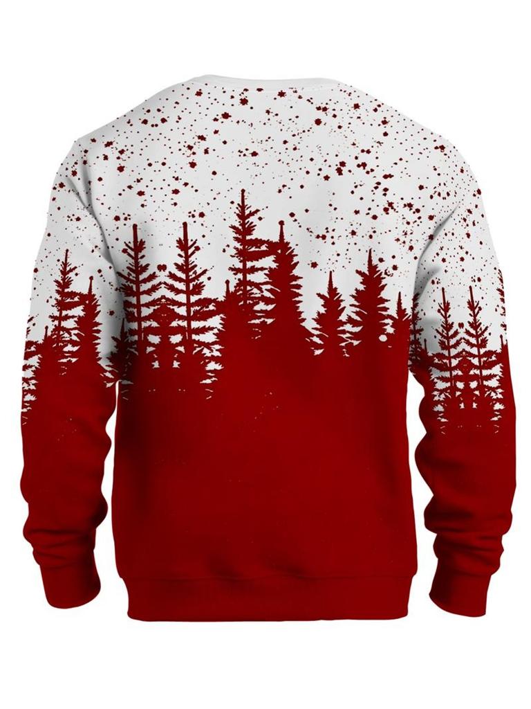Winter Men's Trendy Round Neck Pullover Sweatshirt Red and White Contrasting Pine Forest Reindeer Christmas Theme Pattern Top
