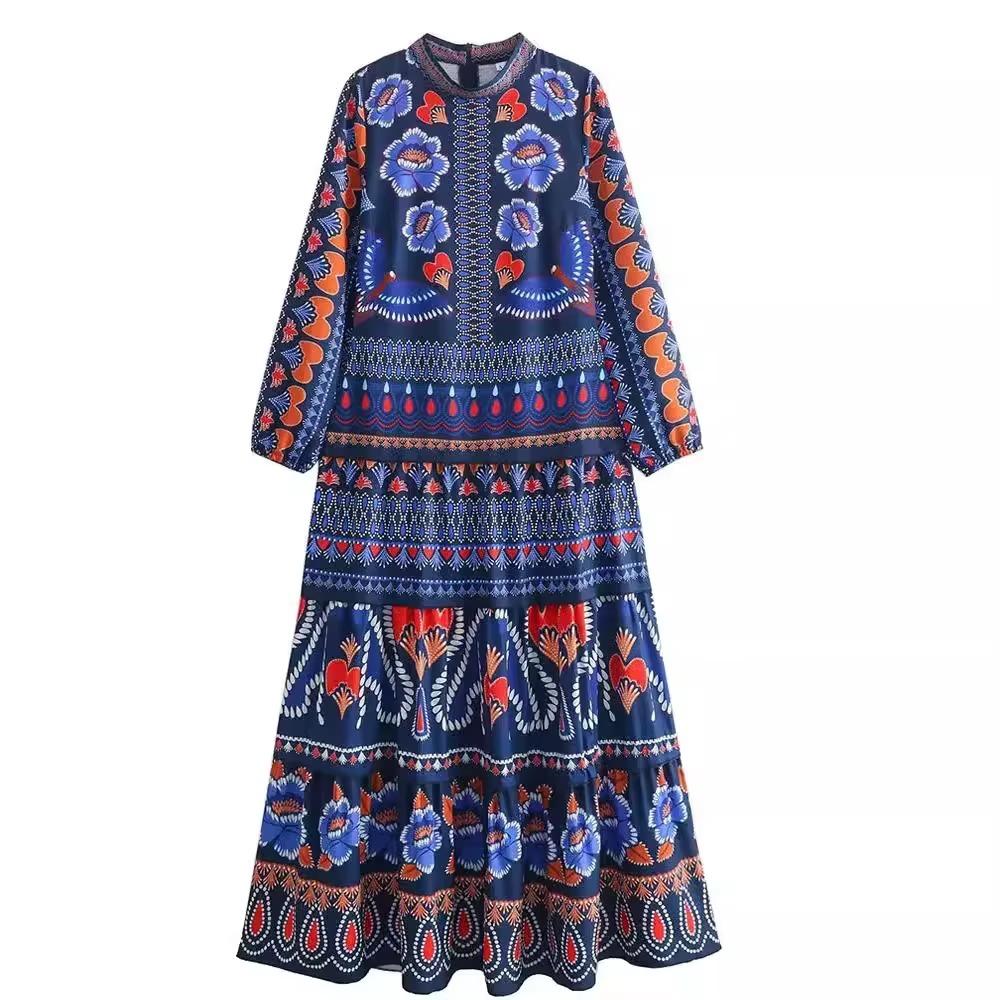 Vintage Print O-Neck Patchwork Maxi Dress Women Fashion Lantern Sleeves Loose Long Dresses Lady Casual Vacation Streetwear