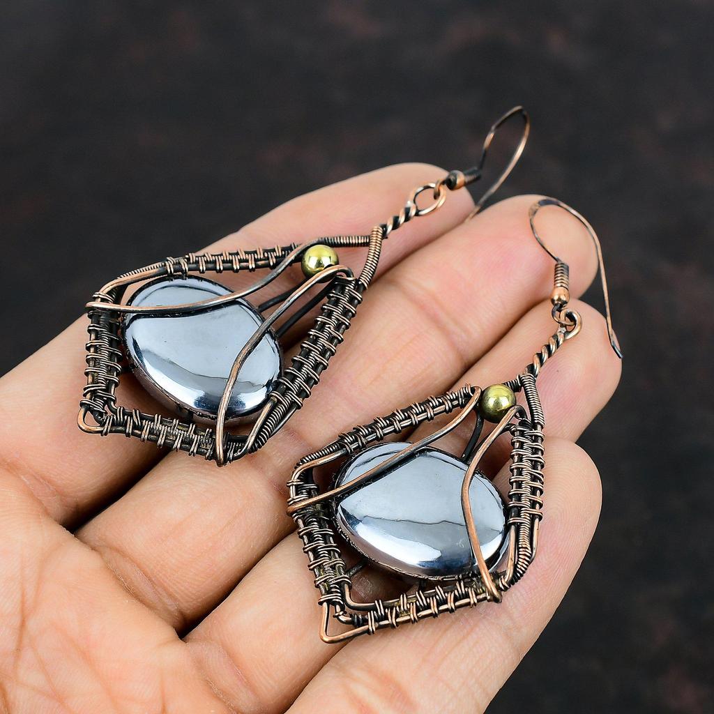 Boucle d'oreille en shungite, boucles d'oreilles enveloppées de fil de cuivre, boucle d'oreille faite main, bijou en cuivre avec pierre gemme, boucle d'oreille de créateur, cadeaux pour elle, bijou en fil enveloppé