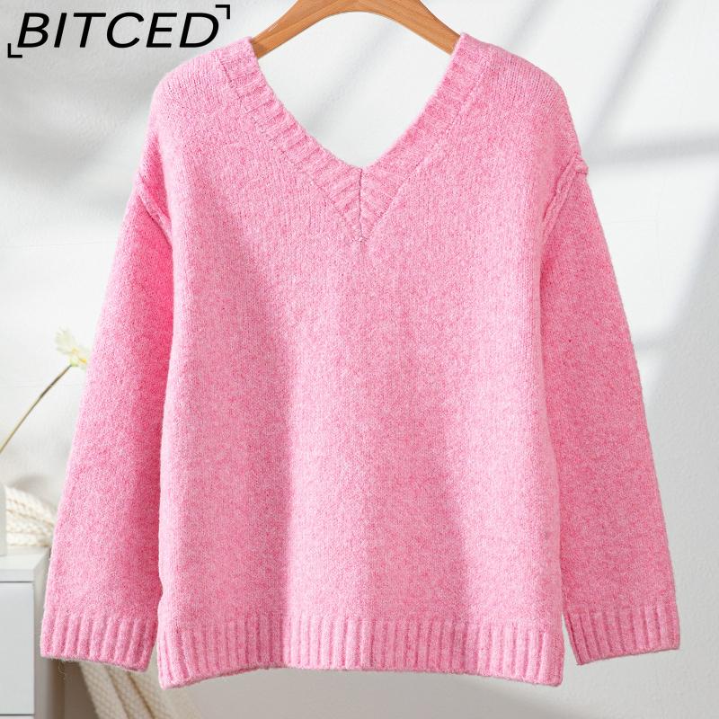 BITCED Fall/Winter Solid Color V-Neck Pullover Sweater Casual Oversized Long-Sleeve Off-Shoulder Pink Knit Top