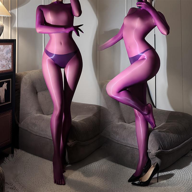 Women Sexy Fullbody Stockings Seamless Oil Shiny Glossy Jumpsuit 1228-Needle High Density Five-Fingers Full Body Wrap Bodysuit