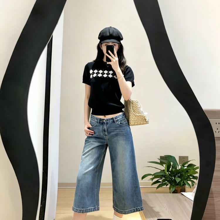 2026 Summer Chic Plaid Print Retro Tee - Short Sleeve, Slim Fit, Fairy Style