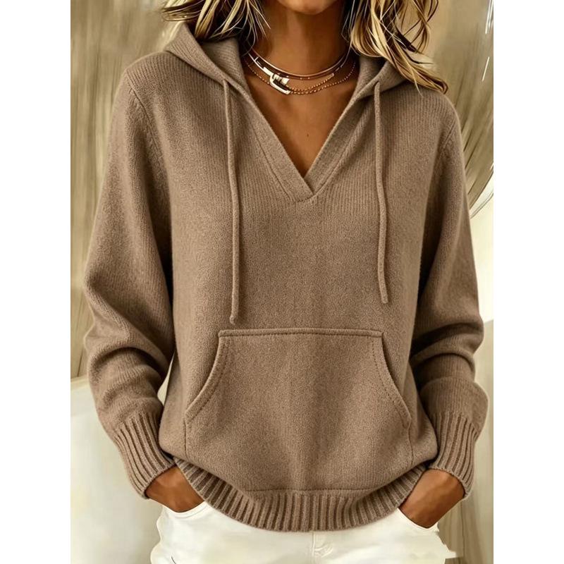 Women's European Style Knit Hoodie with Drawstrings, Autumn/Winter Long Sleeve Sweater with Kangaroo Pocket, Solid Color Casual Fashion.